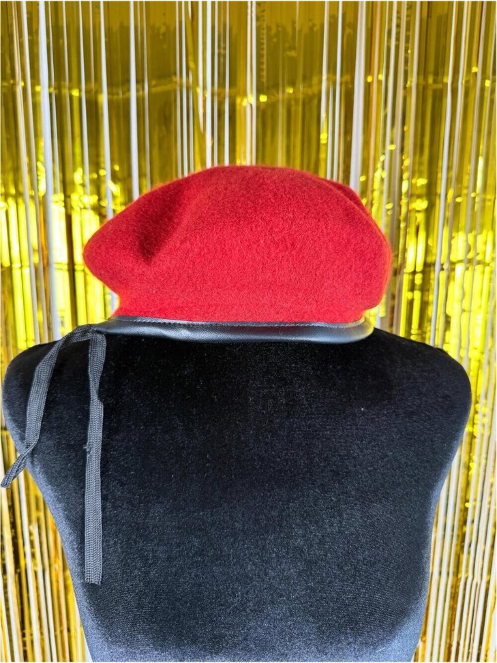 Vintage Red Wool Beret Black Trim Tie Detail Classic French Style Hat